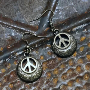 Artsy Peace Sign Bronze Antique Brass Stylized Dangle Earrings
